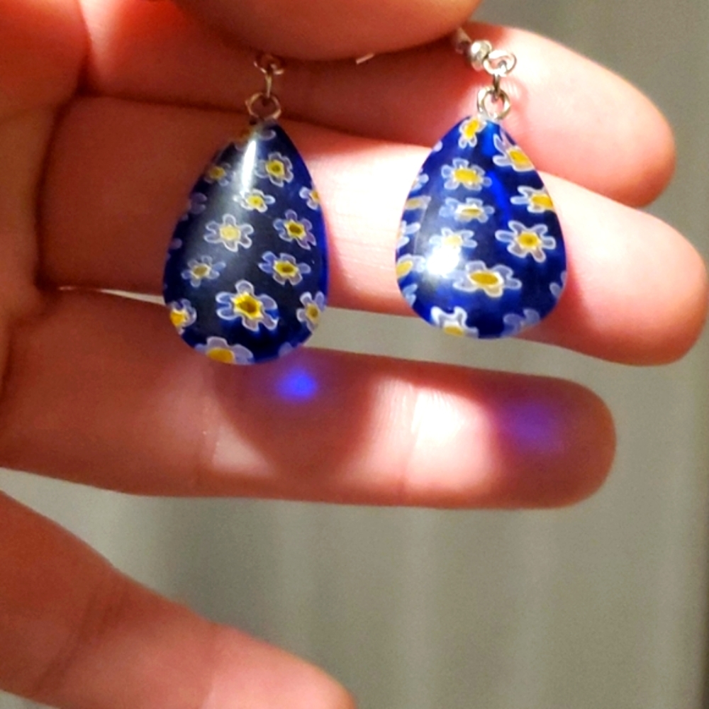 *Sale* New Pear Shaped Blue Millefiori Glass Earrings.